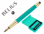 Caneta e Estojo Belius Soiree, desenho Art Deco turquesa e dourado, tinta azul. Caixa design.