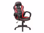 Cadeira Gaming Rocada, braços fixos, base em nylon com rodas. Basculante imitação em pele preto/vermelho. Medidas: 480X490X1060-1160 mm.