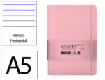 Caderno com Elástico Antartik capa dura rosa pastel. Formato A5, com 100 folhas, linhas rosa pastel. Papel com 80 grs.