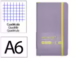 Caderno com Elástico Antartik capa mole roxo e amarelo. Formato A6, com 100 folhas quadrículadas, gramagem 80 grs.