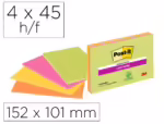 Bloco de Notas Adesivas Post-It Super Sticky. Formato 149X98 mm. Com 45 folhas. Pack de 4 unidades. Cores Neon.