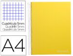 Caderno Espiral Liderpapel Jolly capa forrada. Formato A4, com 140 folhas, papel de 75 grs. quadrículado 5mm. 5 bandas de cores 4 furos. Capa cor amarelo.
