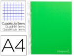 Caderno Espiral Liderpapel Jolly capa forrada. Formato A4, com 140 folhas, papel de 75 grs. quadrículado 5mm. 5 bandas de cores 4 furos. Capa cor verde.