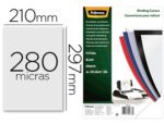 Capa de Encadernação Fellowes polipropileno. Formato A4, cor preta, com 280 microns, pack de 100 unidades.