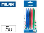 Esferográfica Milan P1 retrátil, ponta 1 mm. Touch Blister de 5 unidades, cores sortidas.