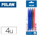 Esferográfica Milan P1 retrátil, ponta 1 mm. Touch Blister de 4 unidades, cores sortidas.