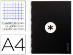 Caderno Espiral Liderpapel Antartik capa forrada. Formato A4, com 80 folhas, papel de 90 grs. quadrícula 5mm. Uma banda com 4 furos. Cor preto.