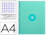 Caderno Espiral Liderpapel Antartik capa forrada. Formato A4, com 80 folhas, papel de 90 grs. quadrícula 5mm. Uma banda com 4 furos. Cor menta.