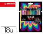 Marcador Águarelavel Stabilo Pen 68. Estojo cartão de 18 unidades. Cores sortidas.