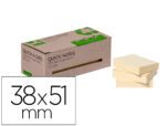 Bloco de Notas Adesivas Q-Connect. Formato 38X51 mm. 100% papel reciclado. Caixa com cartão. Cor amarelo.