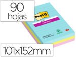 Bloco de Notas Adesivas Post-It Super Sticky Cosmic pautado. Com 90 folhas. Formato 101X152 mm. Pack de 3 unidades. Cores sortidas.