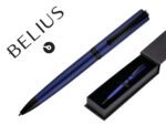 Esferográfica Belius Turbo alumínio, desenho azul e preto, tinta azul. Caixa design.