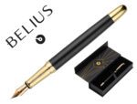 Caneta Belius Soiree alumínio, desenho Art Deco preto e dourado, tinta azul. Caixa design.