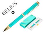 Esferográfica Belius Aqua alumínio desenho turquesa e dourado, tinta azul. Caixa design.