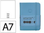 Caderno com Elástico Antartik capa dura azul claro. Formato A7, com 100 folhas lisas, gramagem 80 grs.