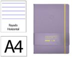 Caderno com Elástico Antartik capa dura roxo e amarelo. Formato A4, com 100 folhas pautadas, gramagem 80 grs.