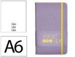 Caderno com Elástico Antartik capa dura roxo e amarelo. Formato A6, com 100 folhas lisas, gramagem 80 grs.