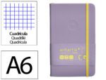 Caderno com Elástico Antartik capa dura roxo e amarelo. Formato A6, com 100 folhas quadrículadas, gramagem 80 grs.