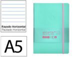 Caderno com Elástico Antartik capa mole rosa e turquesa. Formato A5, com 100 folhas, linhas rosa e turquesa com 80 folhas 80 grs. Fsc