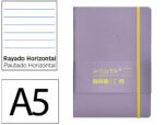 Caderno com Elástico Antartik capa mole roxo e amarelo. Formato A5, com 100 folhas pautadas, gramagem 80 grs.