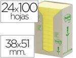 Bloco de Notas Adesivas Post-It recicladas em Torre. Formato 38 X 51 mm. 24 Blocos