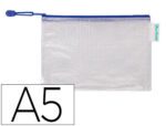 Bolsa Multiusos Tarifold Pvc. Formato A5. Abertura superior com fecho porta esferógráfica e correia azul.