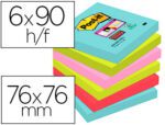 Bloco de Notas Adesivas Post-It Super Sticky. Formato 76X76 mm. Com 90 folhas. Pack de 6 unidades. Cores Miami..