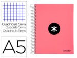 Caderno Espiral Liderpapel Antartik capa forrada. Formato A5, com 120 folhas, papel de 100 grs. quadrícula 5 mm. 5 bandas de cores. Capa cor coral