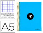 Caderno Espiral Liderpapel Antartik capa forrada. Formato A5, com 120 folhas, papel de 100 grs. quadrícula 5 mm. 5 bandas de cores. Capa cor azul.