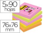 Bloco de Notas Adesivas Post-It Super Sticky. Formato 76X76 mm. com 90 folhas pack de 5 blocos. Cores sortidas. Coleção Cape Town.