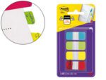 Bandas Separadoras Post-It Index Rigidas mini 4X10 mm. Pack de 40 unidades. Dispensador com 4 cores: amarelo, azul, lima e vermelho.