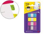 Bandas Separadoras Post-It Index Rigidas mini 4X10 mm. Pack de 40 unidades. Dispensador com 4 cores: amarelo, azul, rosa e violeta.