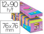 Bloco de notas adesiva Post-It Super Sticky. Formato 76X76 mm. Com 90 folhas. Pack de 21 + 3. Cores sortidas.