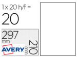 Etiqueta Adesiva Avery Poliester branco 210 X 297 mm. Impressão a laser, pack de 20 unidades.